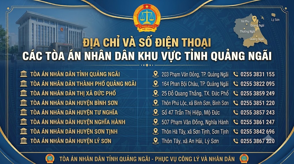 Địa chỉ và số điện thoại các Tòa án nhân dân khu vực tỉnh Quảng Ngãi